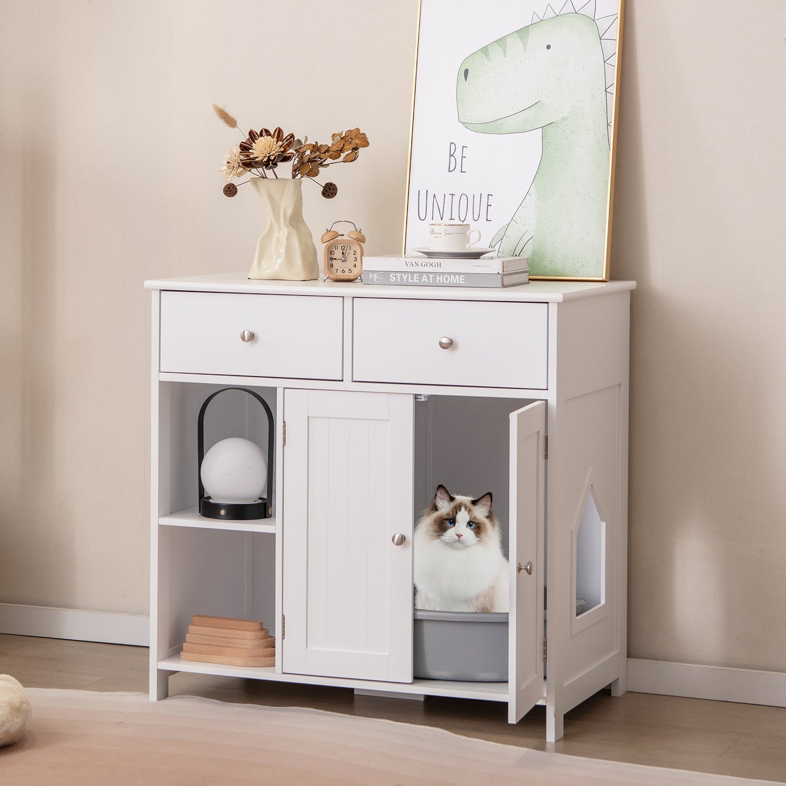 Hidden Cat Washroom Side Cabinet Wooden Pet House with 2 Drawers - view 3