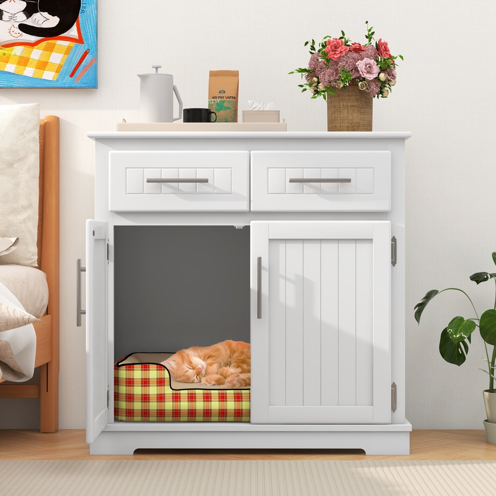Cat Litter Box Enclosure with 2 Drawers and Double Doors Cat House - view 2