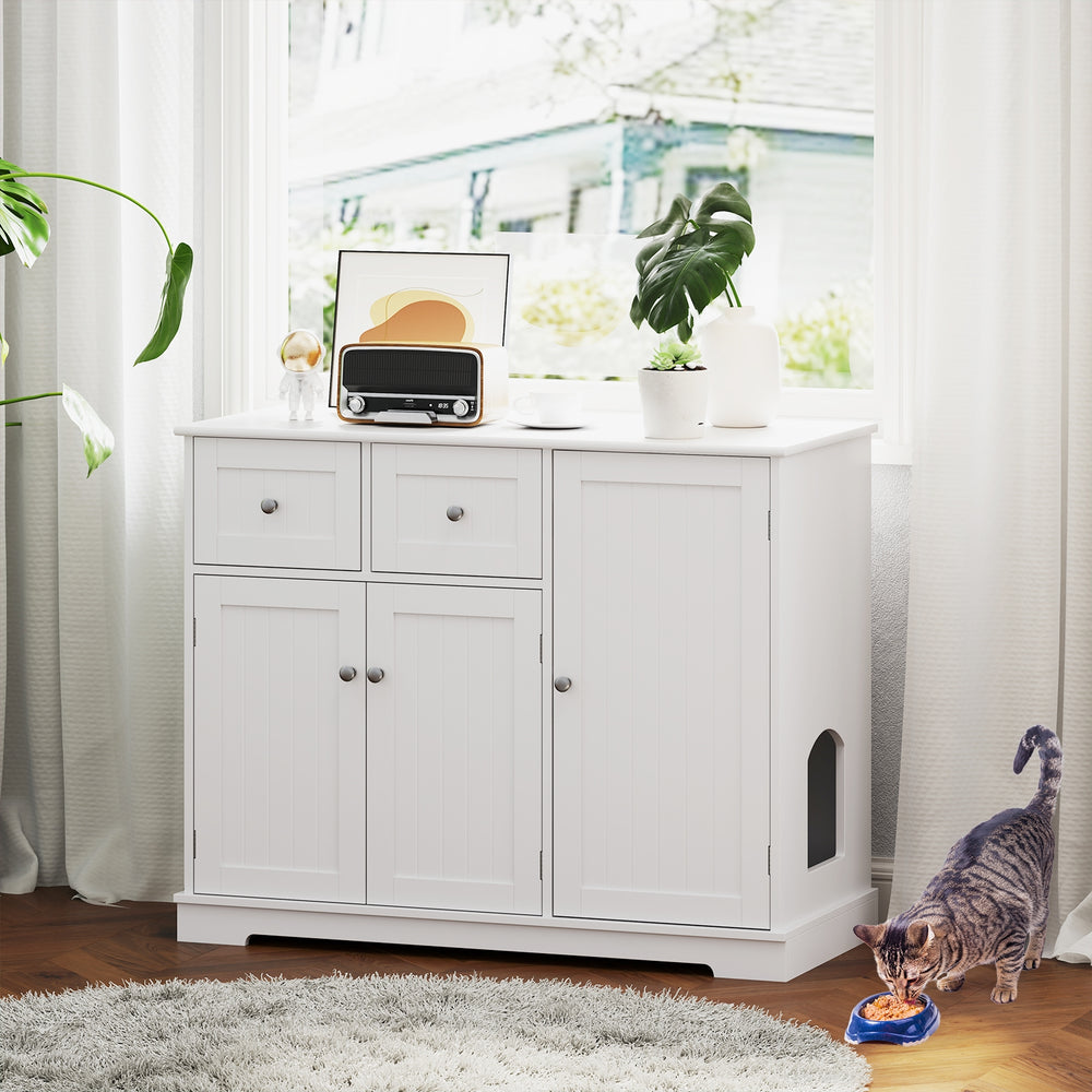 Cat Litter Box Enclosure with 2 Drawers and 3 Doors for Kittens and Adult Cats - view 2