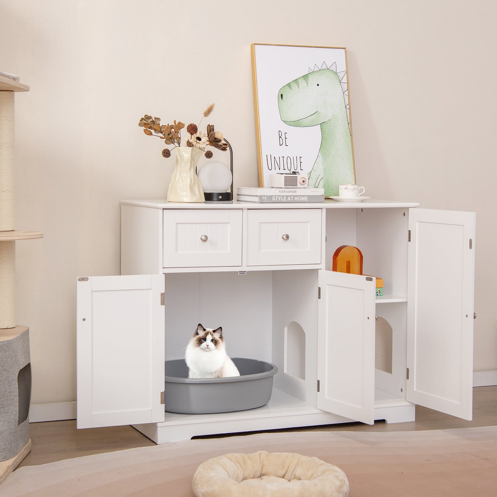 Cat Litter Box Enclosure with 2 Drawers and 3 Doors for Kittens and Adult Cats - view 3