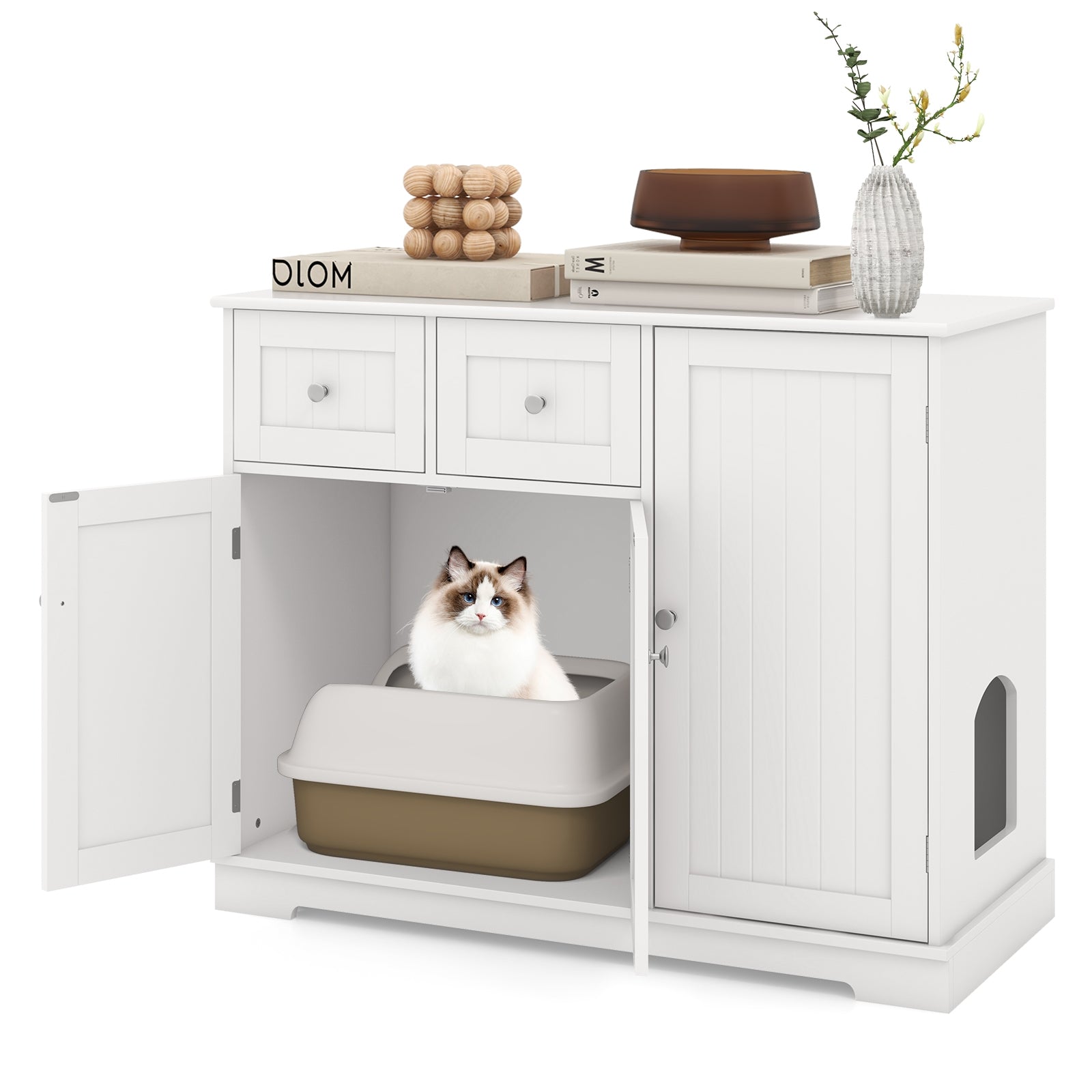 Cat Litter Box Enclosure with 2 Drawers and 3 Doors for Kittens and Adult Cats - view 4