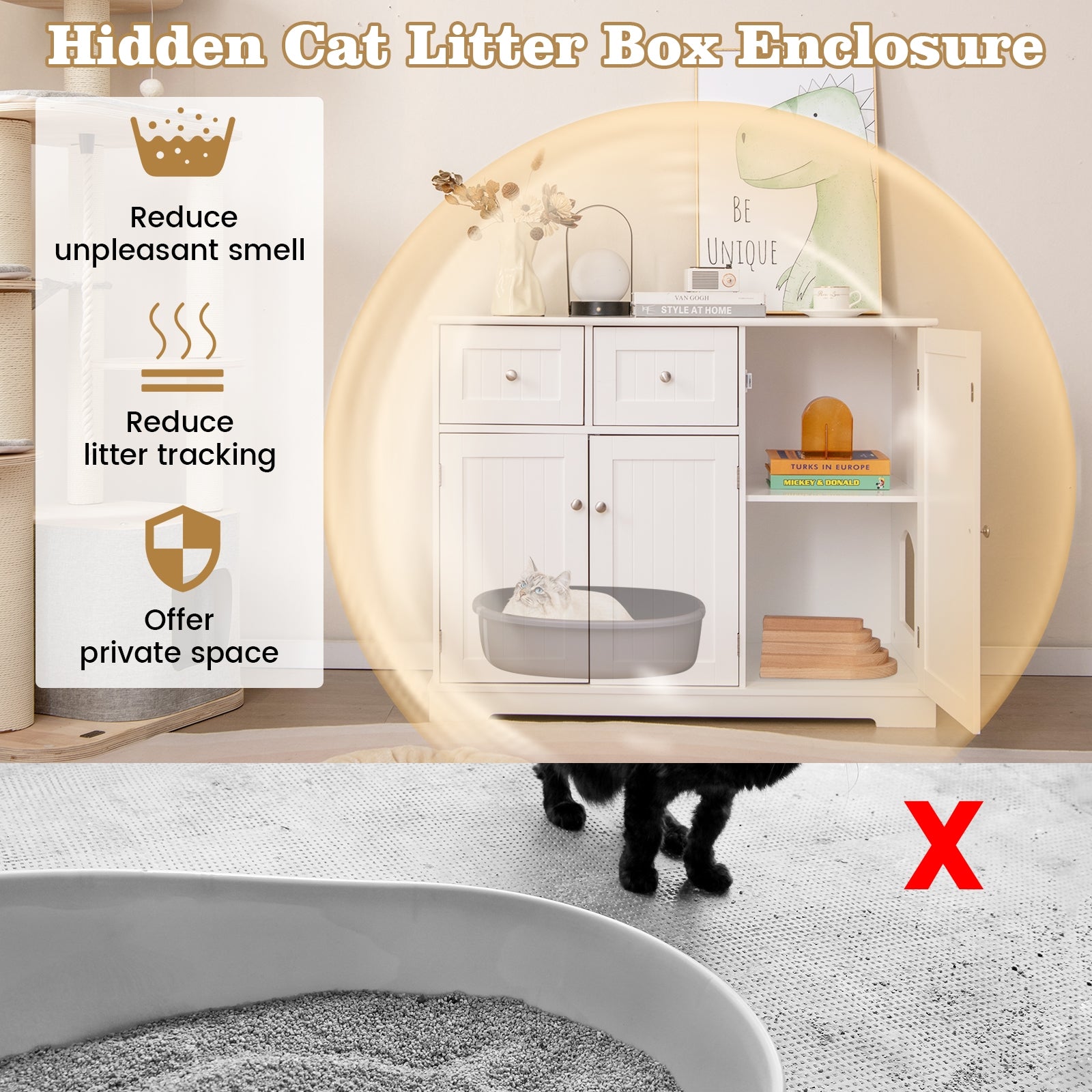 Cat Litter Box Enclosure with 2 Drawers and 3 Doors for Kittens and Adult Cats - view 7