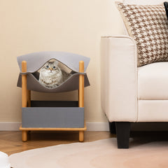 2-Tier Wooden Cat House with Semi-enclosed Condo and Removable Clothes Cat Tree - view 2