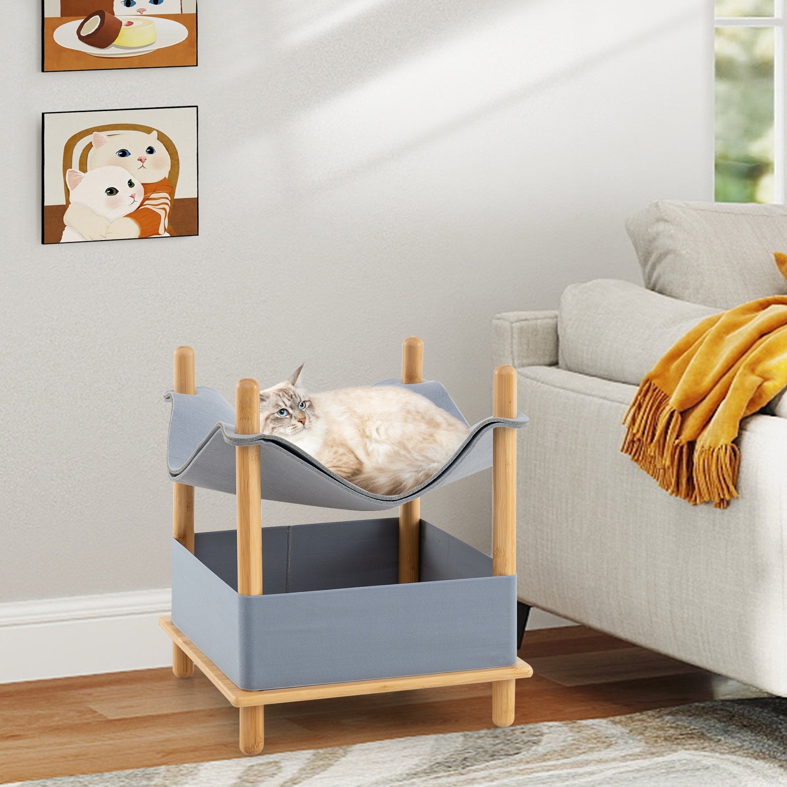 2-Tier Wooden Cat House with Semi-enclosed Condo and Removable Clothes Cat Tree - view 3