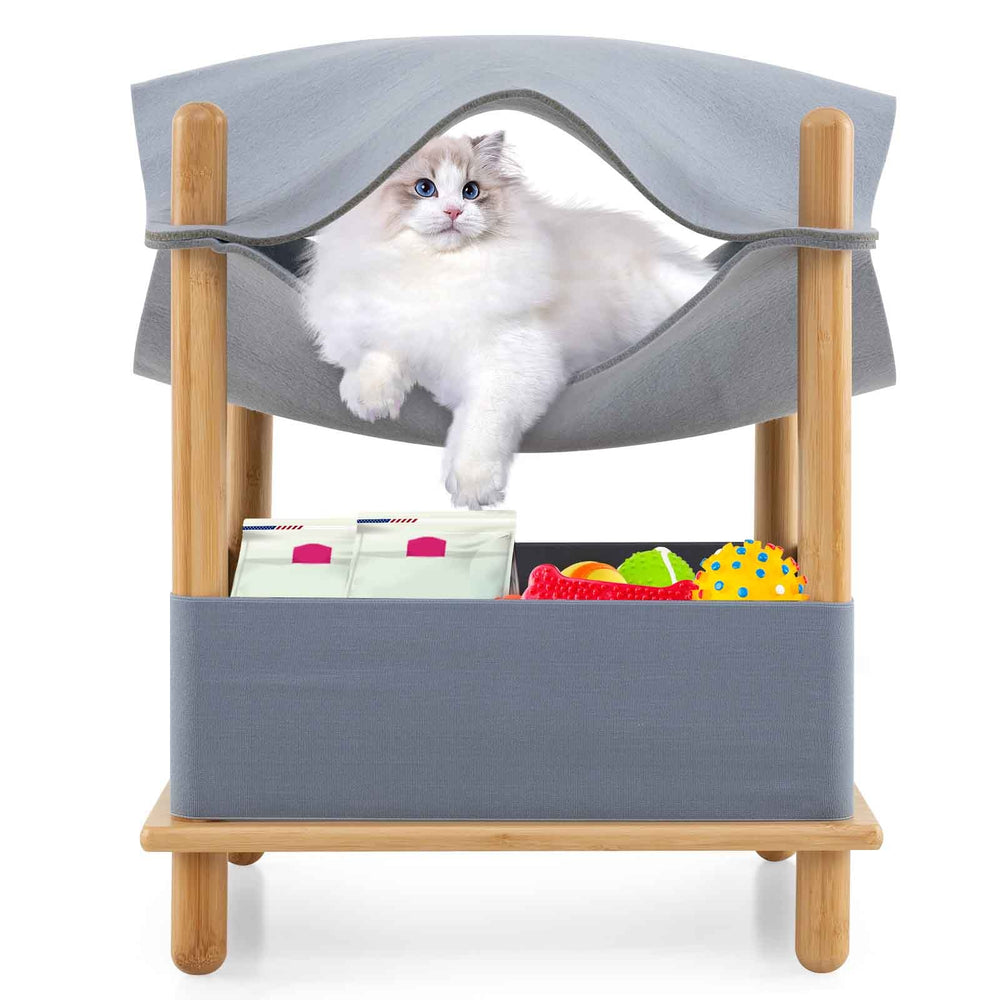 2-Tier Wooden Cat House with Semi-enclosed Condo and Removable Clothes Cat Tree