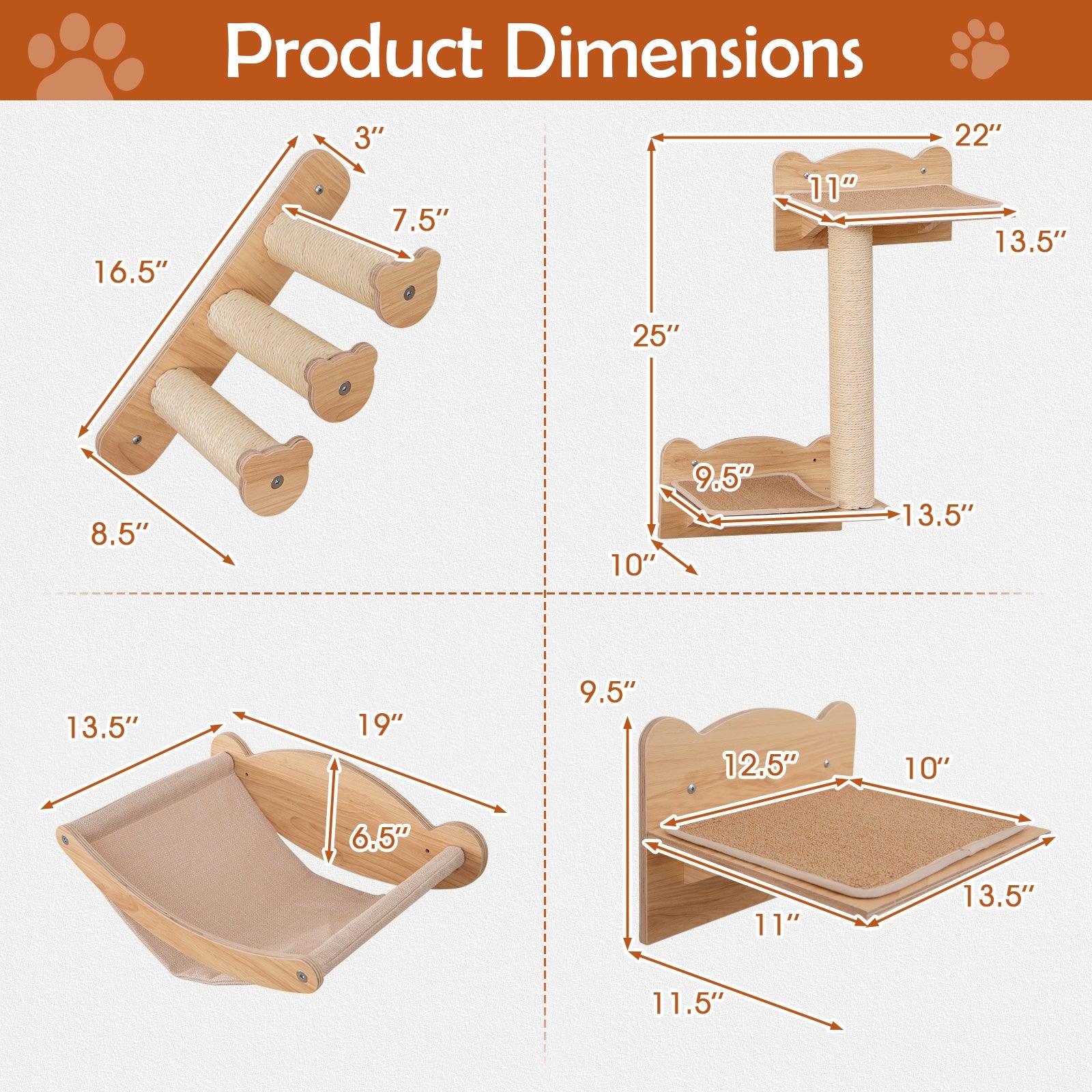 Cat Wall Furniture Set of 4 with Hammock 2-step Cat Tree and Perch - view 4