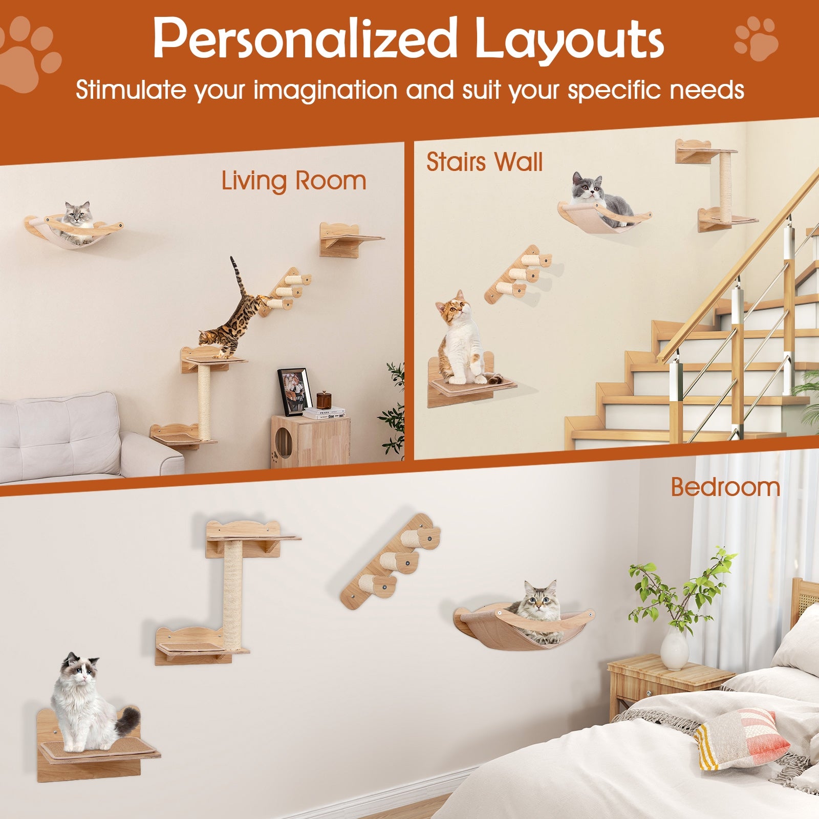 Cat Wall Furniture Set of 4 with Hammock 2-step Cat Tree and Perch - view 7