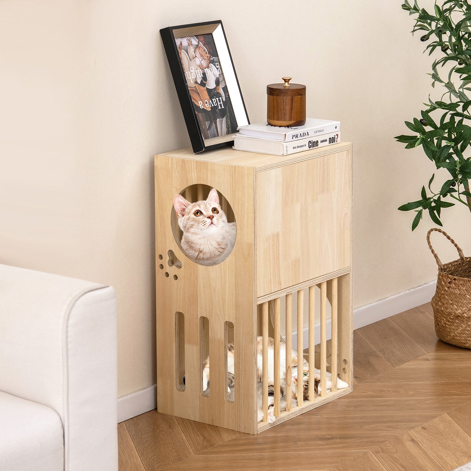 2-tier Wooden Cat Condo Indoor Symmetrical Cat House with Removable Cushions - view 2
