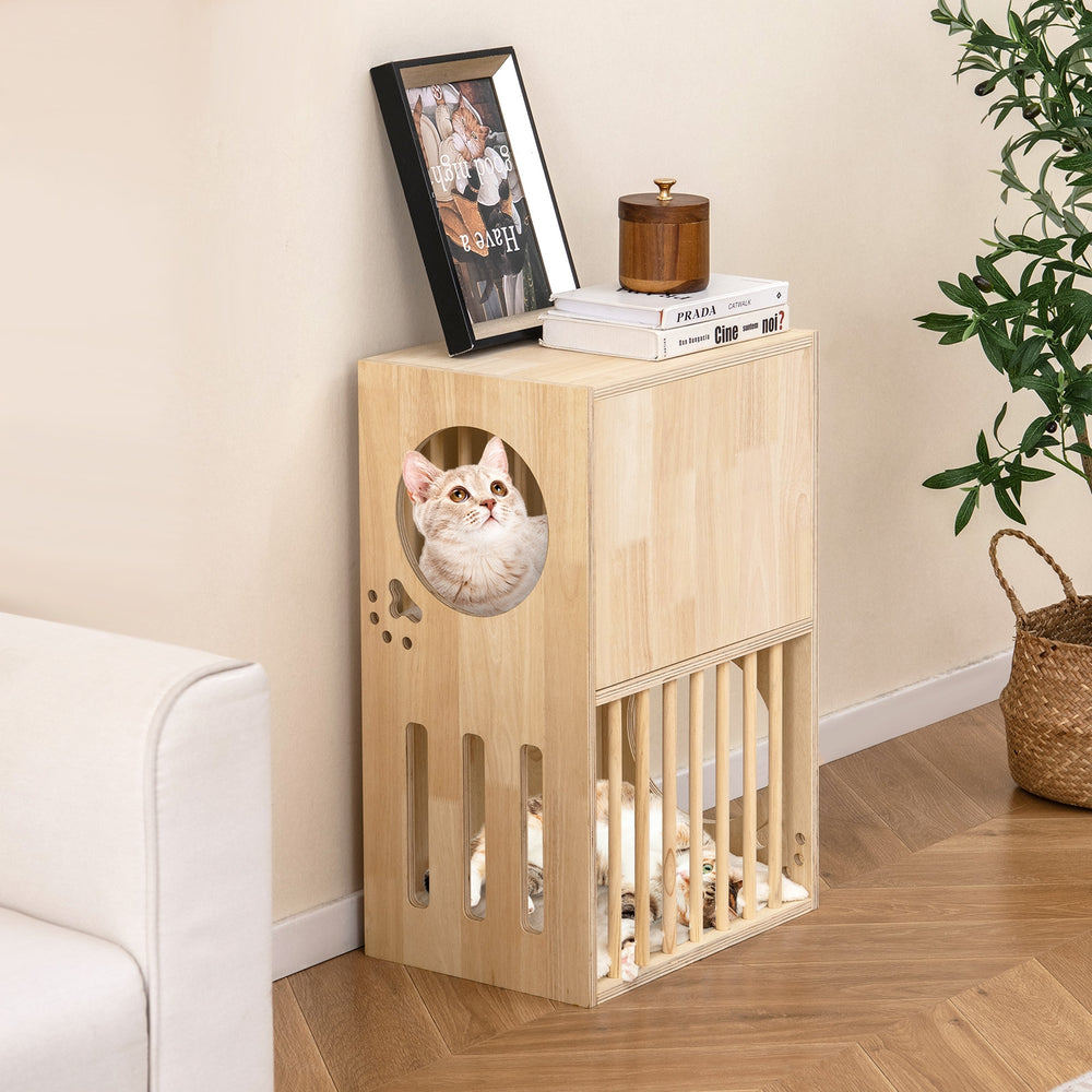 2-tier Wooden Cat Condo Indoor Symmetrical Cat House with Removable Cushions - view 2