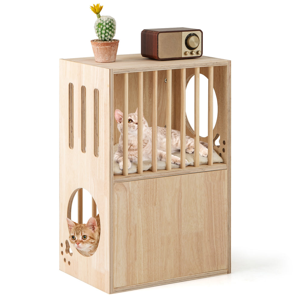 2-tier Wooden Cat Condo Indoor Symmetrical Cat House with Removable Cushions