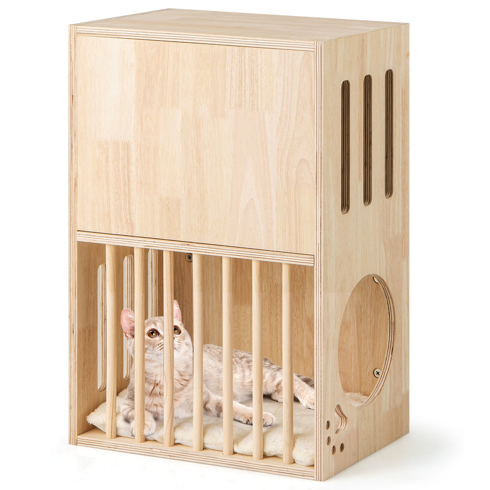 2-tier Wooden Cat Condo Indoor Symmetrical Cat House with Removable Cushions - view 4