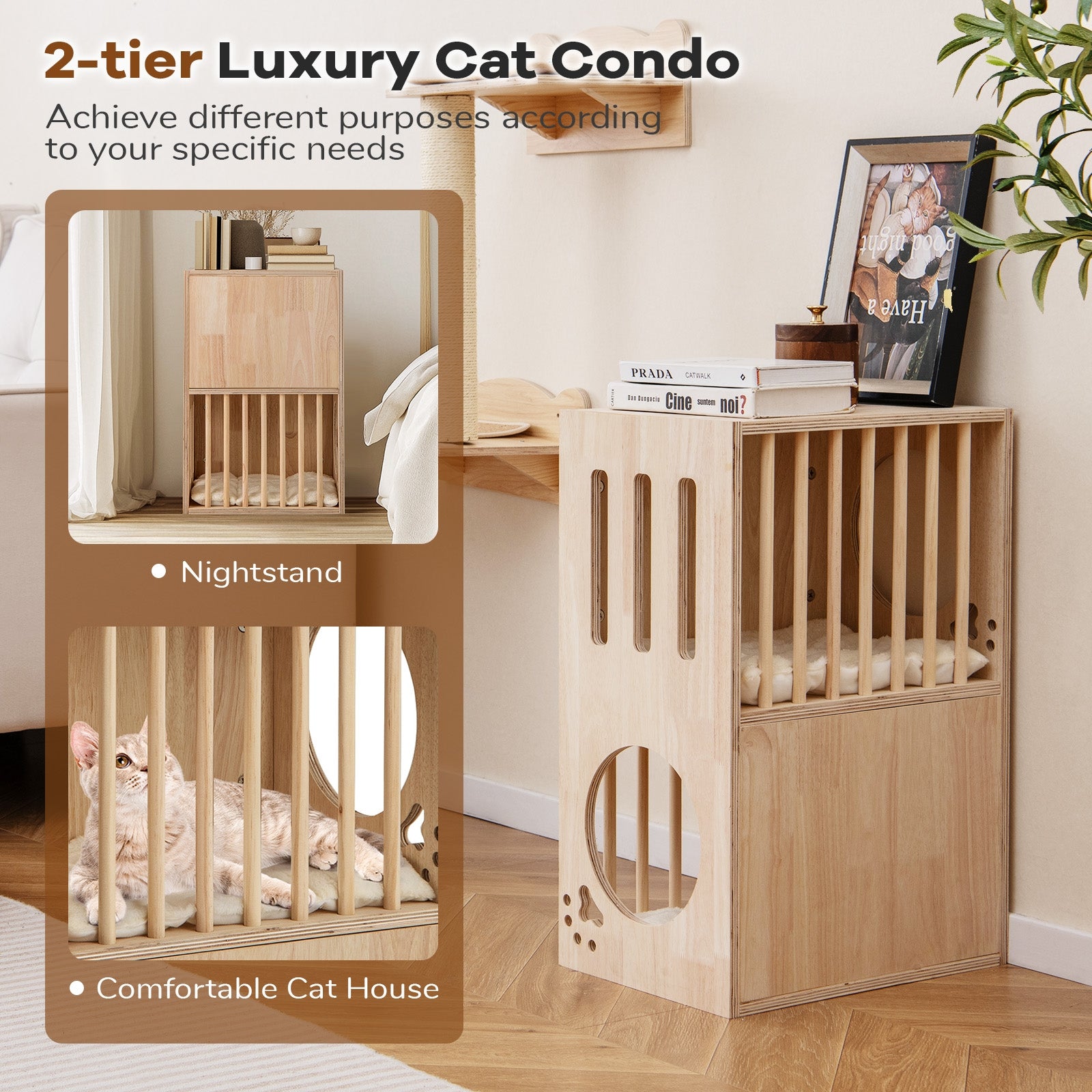 2-tier Wooden Cat Condo Indoor Symmetrical Cat House with Removable Cushions - view 7