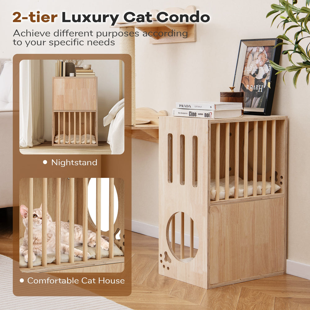 2-tier Wooden Cat Condo Indoor Symmetrical Cat House with Removable Cushions - view 7
