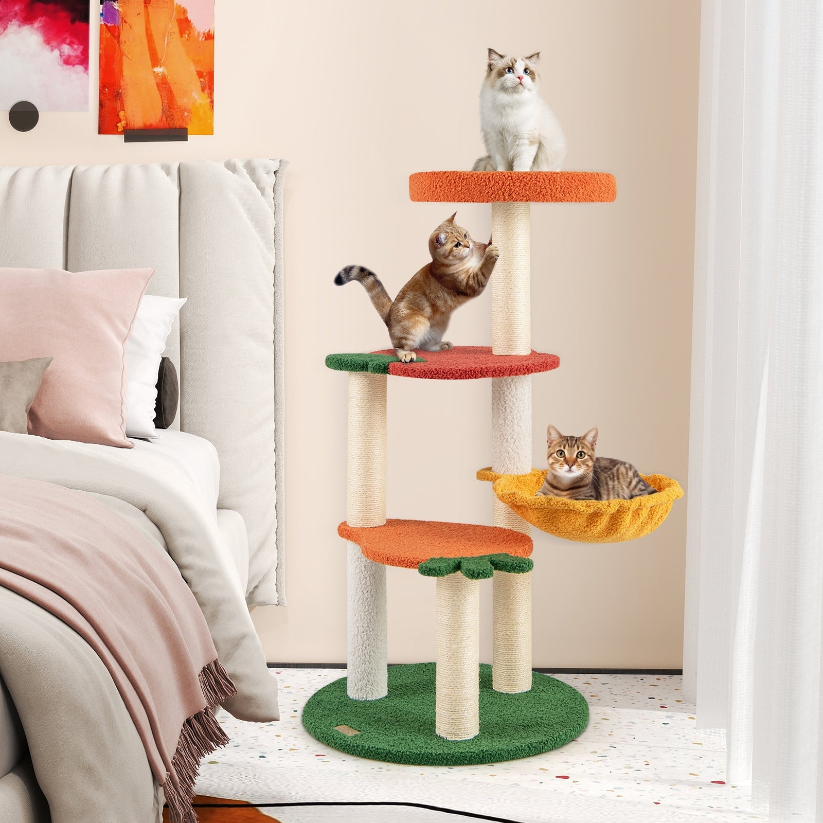 Multi-level Cat Tree Pet Activity Center with Fruit-shaped Platforms-Red - view 3