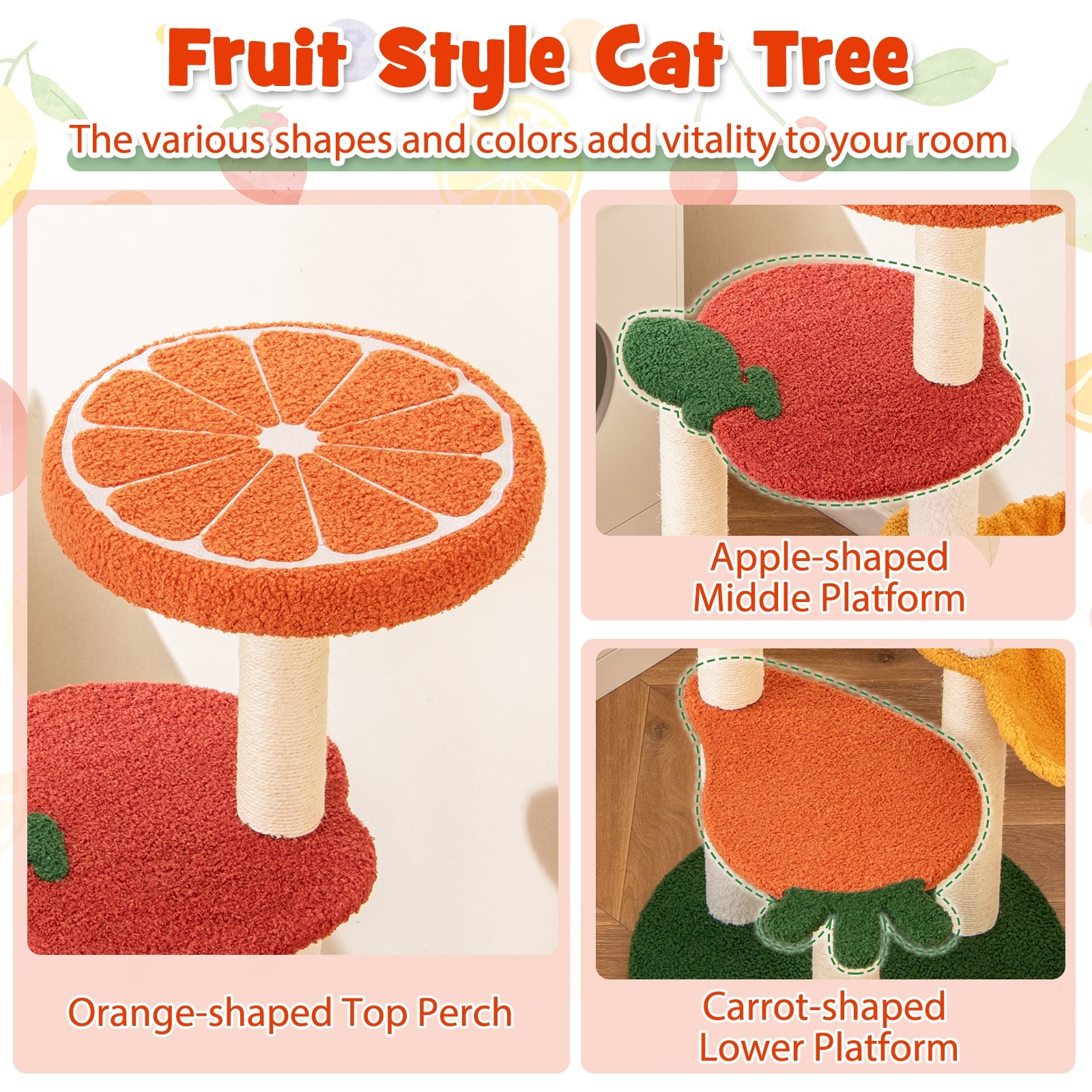 Multi-level Cat Tree Pet Activity Center with Fruit-shaped Platforms-Red - view 8