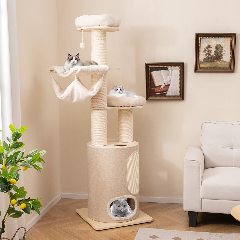 74 Inches Tall Wooden Cat Tower Tree with 2-Story Cat Condo and Washable - view 2