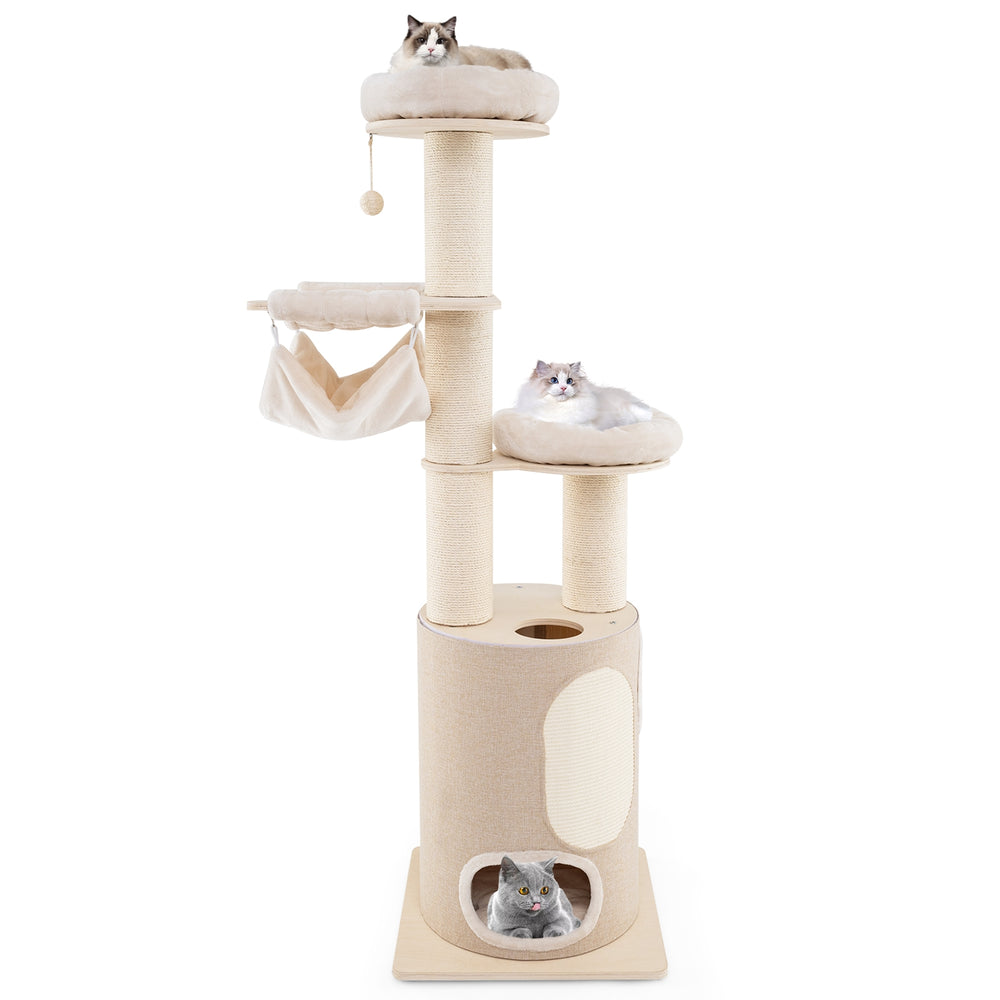74 Inches Tall Wooden Cat Tower Tree with 2-Story Cat Condo and Washable