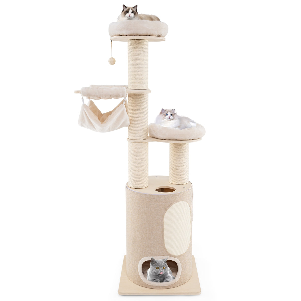 74 Inches Tall Wooden Cat Tower Tree with 2-Story Cat Condo and Washable