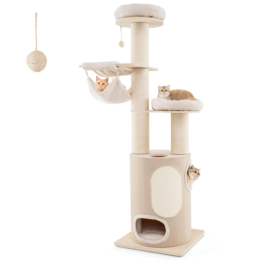 74 Inches Tall Wooden Cat Tower Tree with 2-Story Cat Condo and Washable - view 3