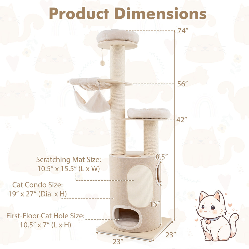 74 Inches Tall Wooden Cat Tower Tree with 2-Story Cat Condo and Washable - view 4