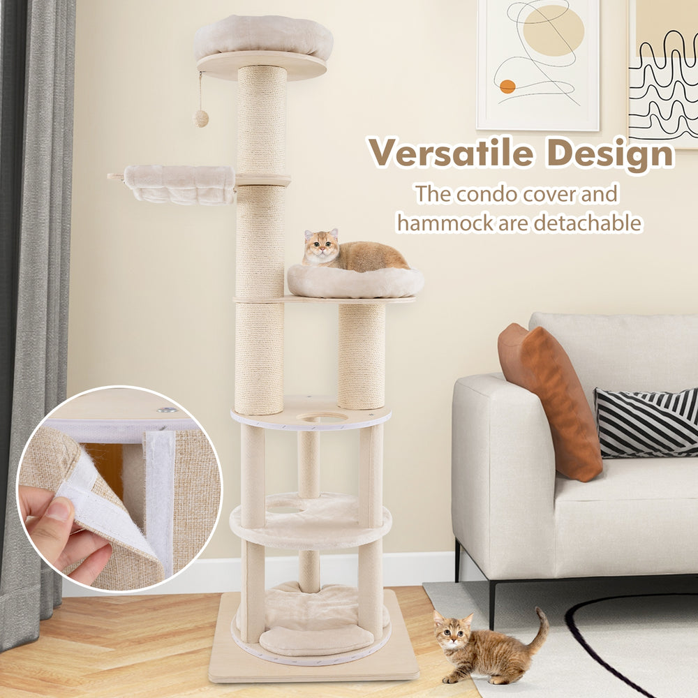74 Inches Tall Wooden Cat Tower Tree with 2-Story Cat Condo and Washable - view 5