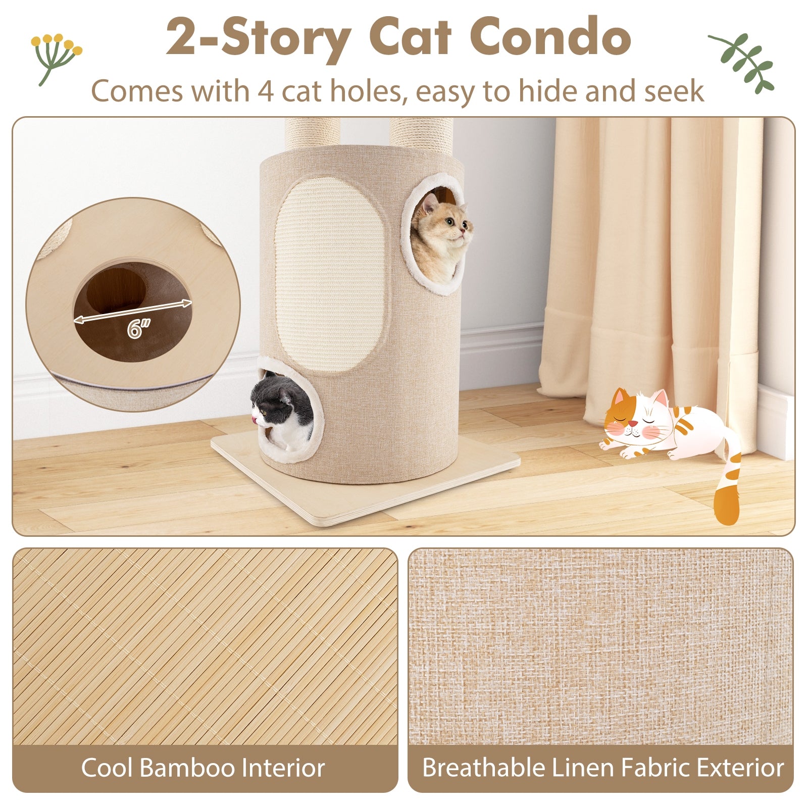 74 Inches Tall Wooden Cat Tower Tree with 2-Story Cat Condo and Washable - view 6