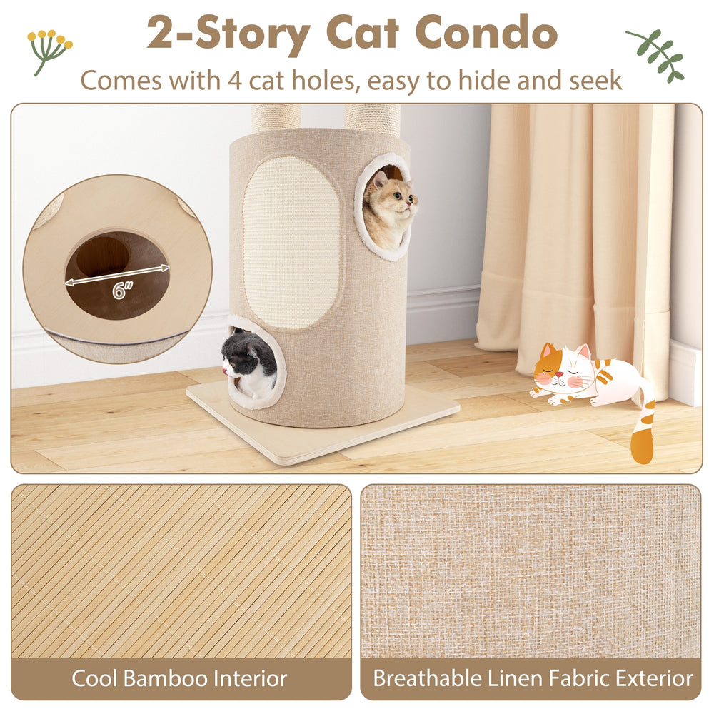 74 Inches Tall Wooden Cat Tower Tree with 2-Story Cat Condo and Washable - view 6
