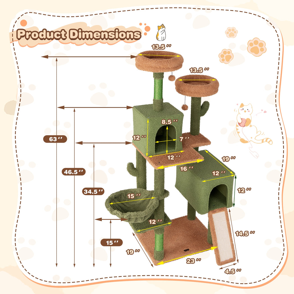 Multi-level Cactus Cat Tree with Scratching Posts Ladder Double Condos and Toys - view 5