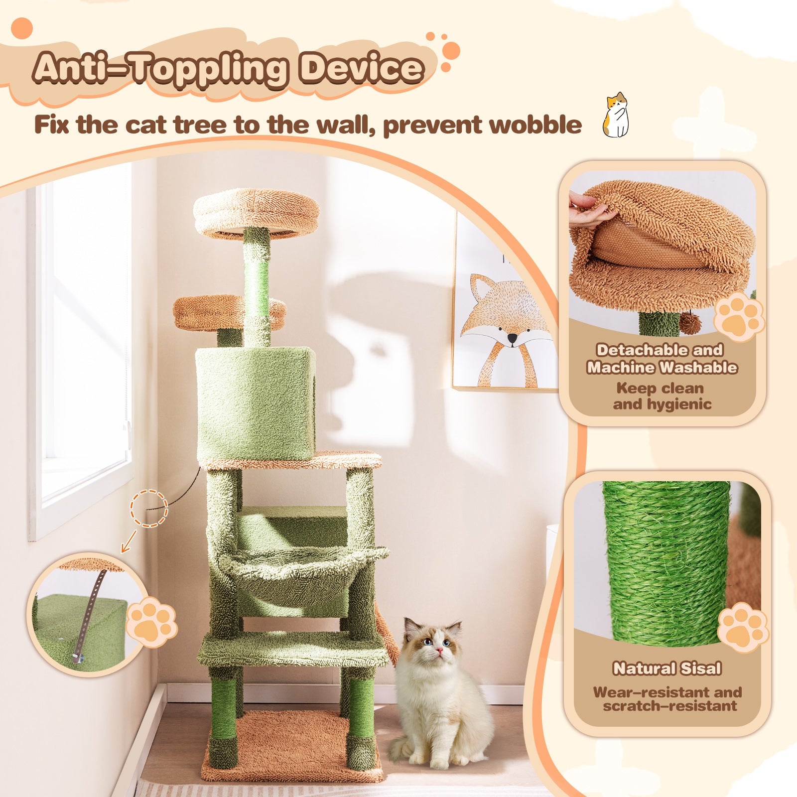 Multi-level Cactus Cat Tree with Scratching Posts Ladder Double Condos and Toys - view 8