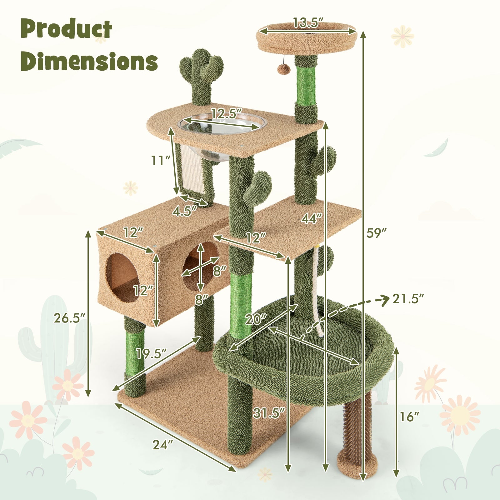 59 Inch Multilevel Cactus Cat Tree with Scratching Posts Cando Toy and Rope - view 5