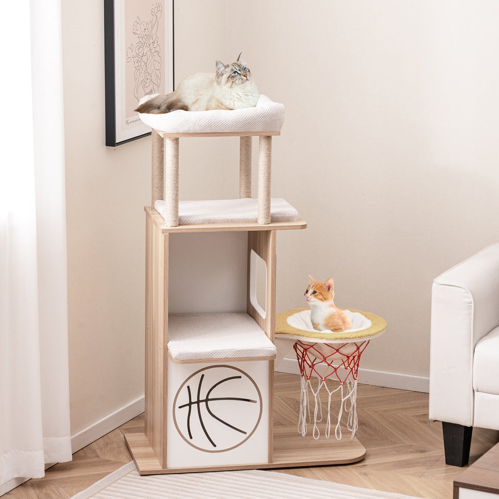47 Inches Wooden Cat Tree with 2-Story Cat Condo and Basketball Hoop Hammock - view 2