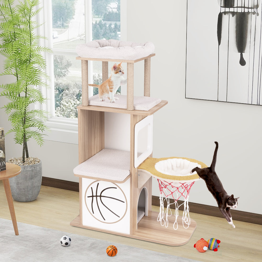 47 Inches Wooden Cat Tree with 2-Story Cat Condo and Basketball Hoop Hammock - view 3