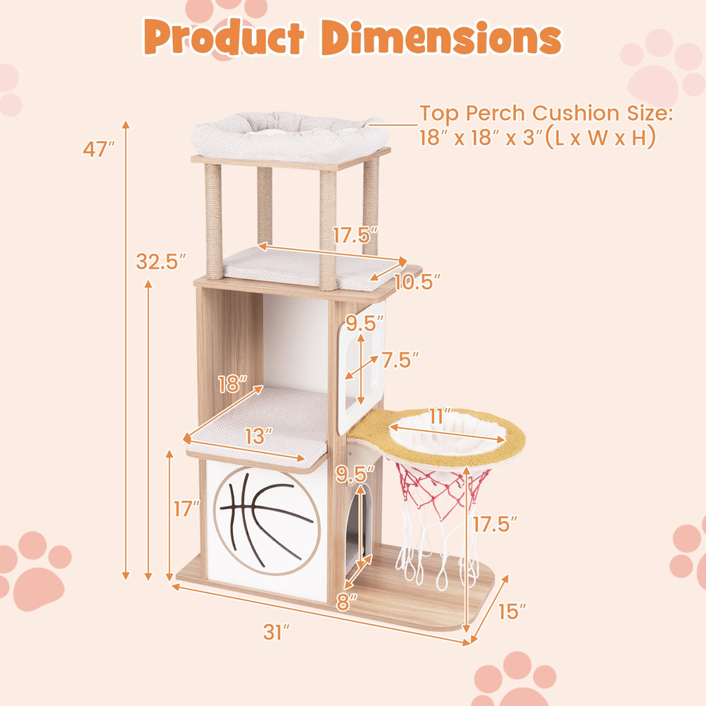 47 Inches Wooden Cat Tree with 2-Story Cat Condo and Basketball Hoop Hammock - view 4