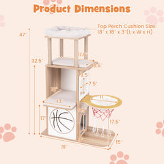 47 Inches Wooden Cat Tree with 2-Story Cat Condo and Basketball Hoop Hammock - view 4