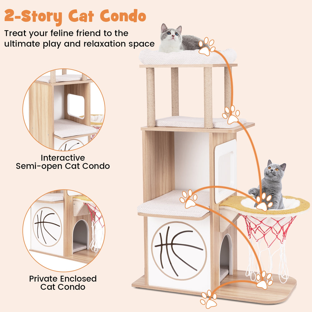 47 Inches Wooden Cat Tree with 2-Story Cat Condo and Basketball Hoop Hammock - view 5