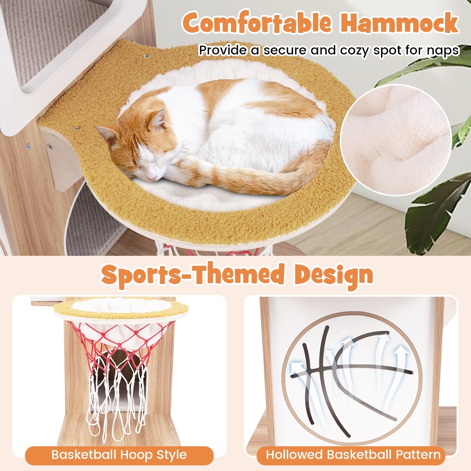 47 Inches Wooden Cat Tree with 2-Story Cat Condo and Basketball Hoop Hammock - view 7