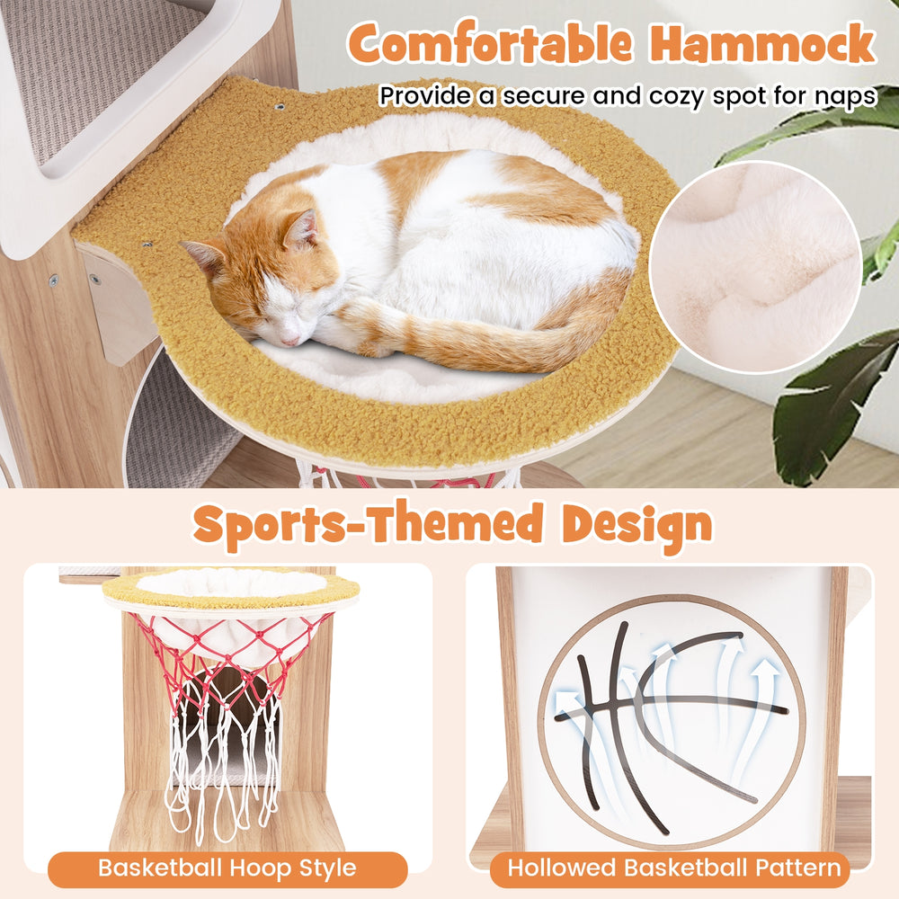 47 Inches Wooden Cat Tree with 2-Story Cat Condo and Basketball Hoop Hammock - view 7