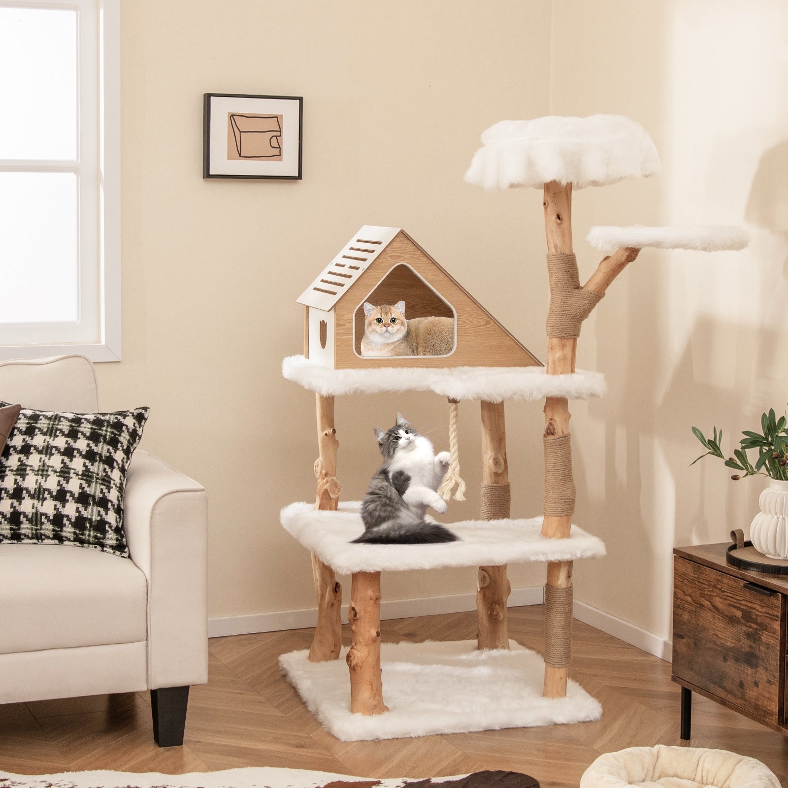 60 Inch Tall Solid Wood Cat Tree Modern Wooden Cat Tower with 2 Perches - view 2
