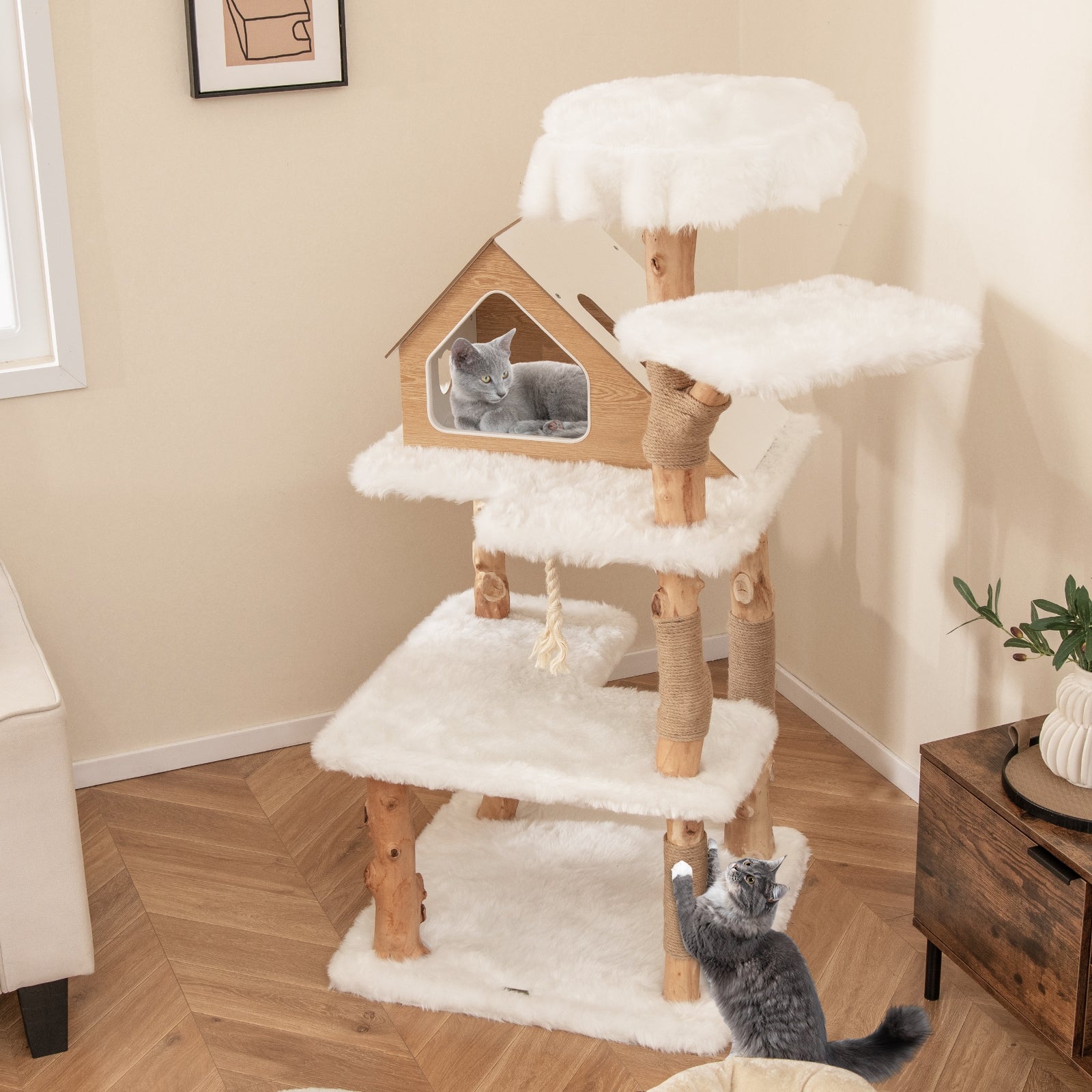 60 Inch Tall Solid Wood Cat Tree Modern Wooden Cat Tower with 2 Perches - view 3