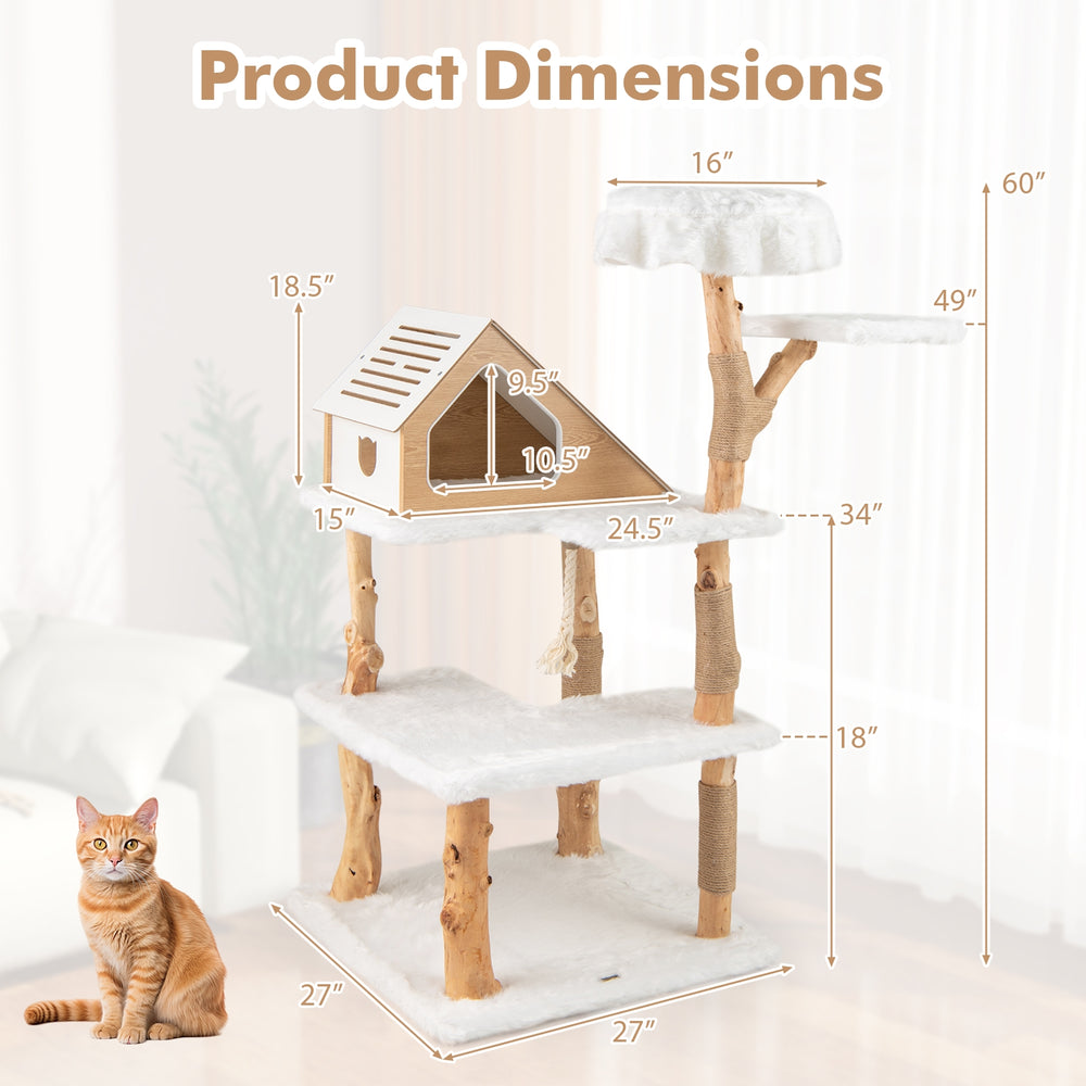 60 Inch Tall Solid Wood Cat Tree Modern Wooden Cat Tower with 2 Perches - view 5