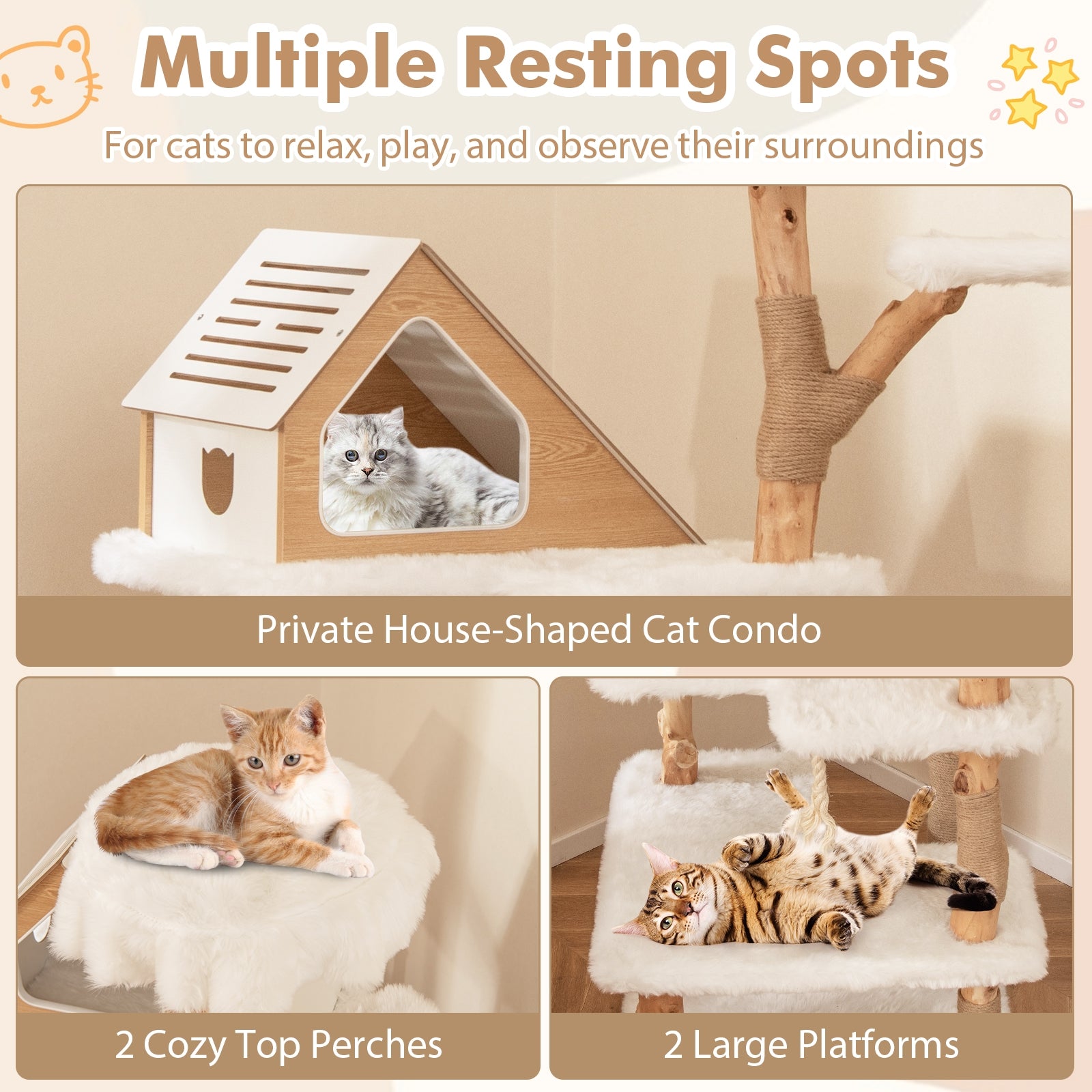 60 Inch Tall Solid Wood Cat Tree Modern Wooden Cat Tower with 2 Perches - view 7