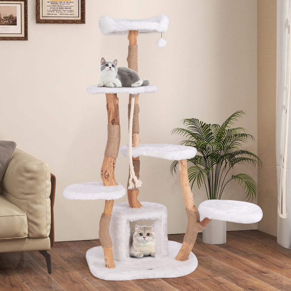66 Inch Tall Solid Wood Cat Tree Modern Wooden Cat Tower with Perch - view 3