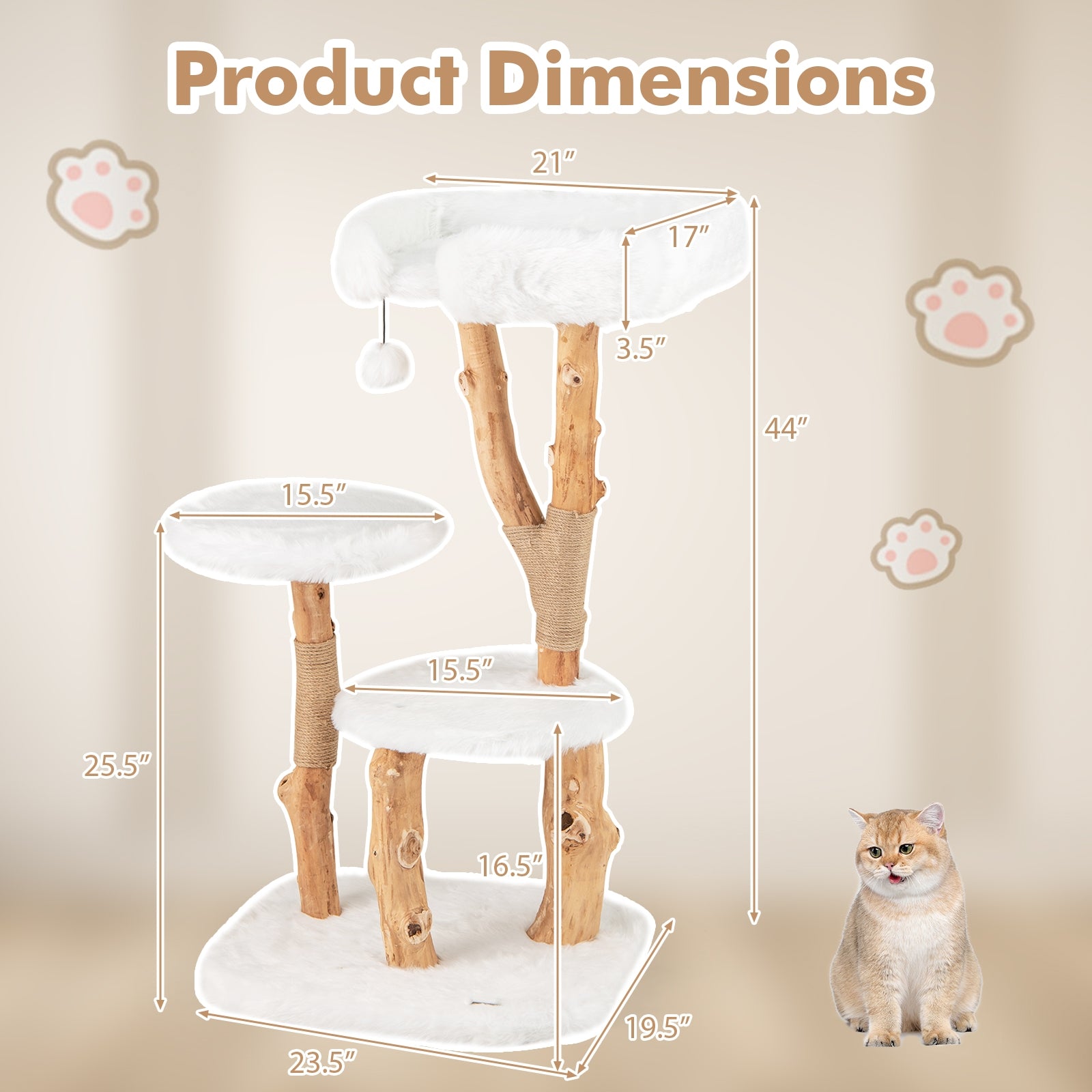 44 Inch Solid Wood Cat Tree with Perch and Natural Jute Scratching Posts - view 5