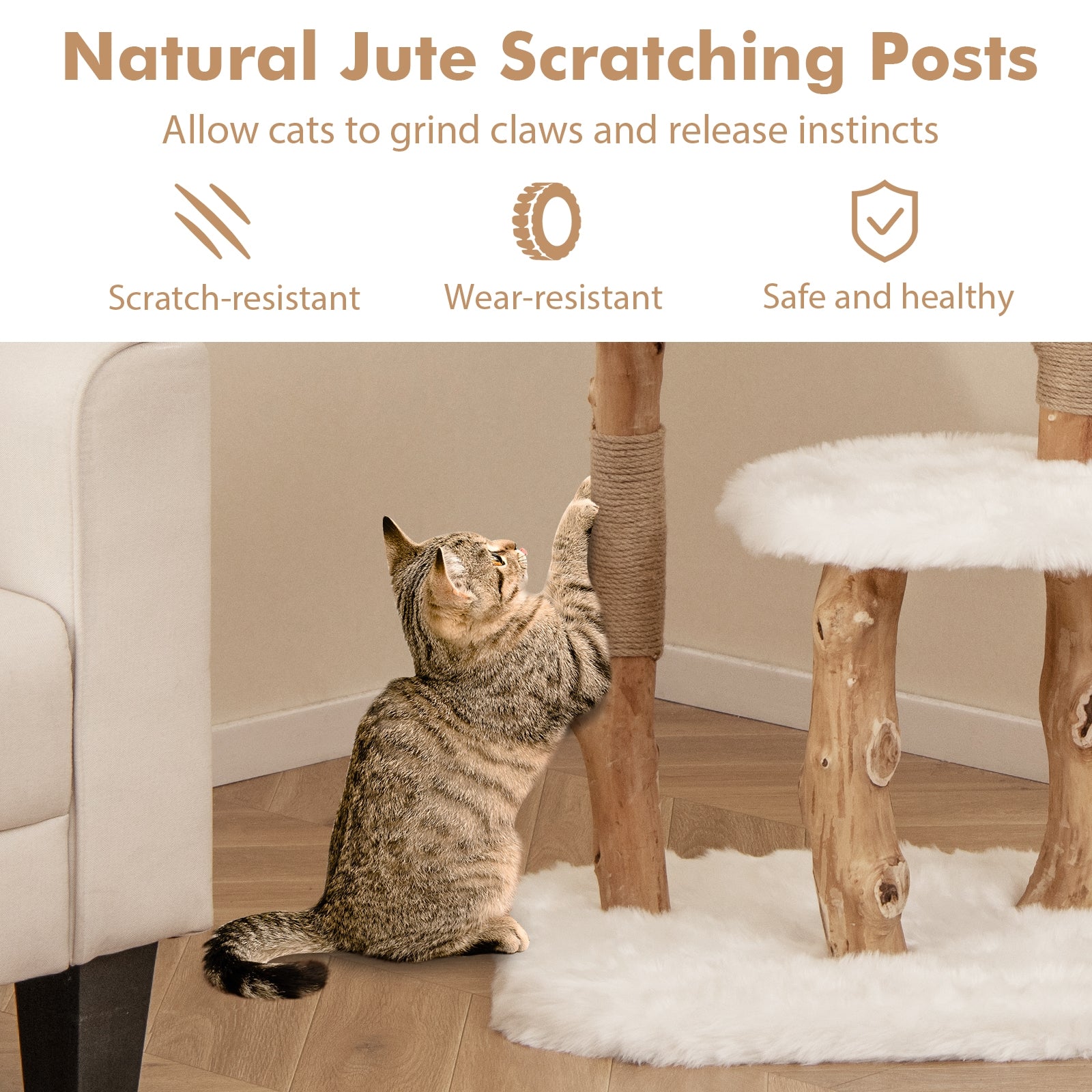 44 Inch Solid Wood Cat Tree with Perch and Natural Jute Scratching Posts - view 7