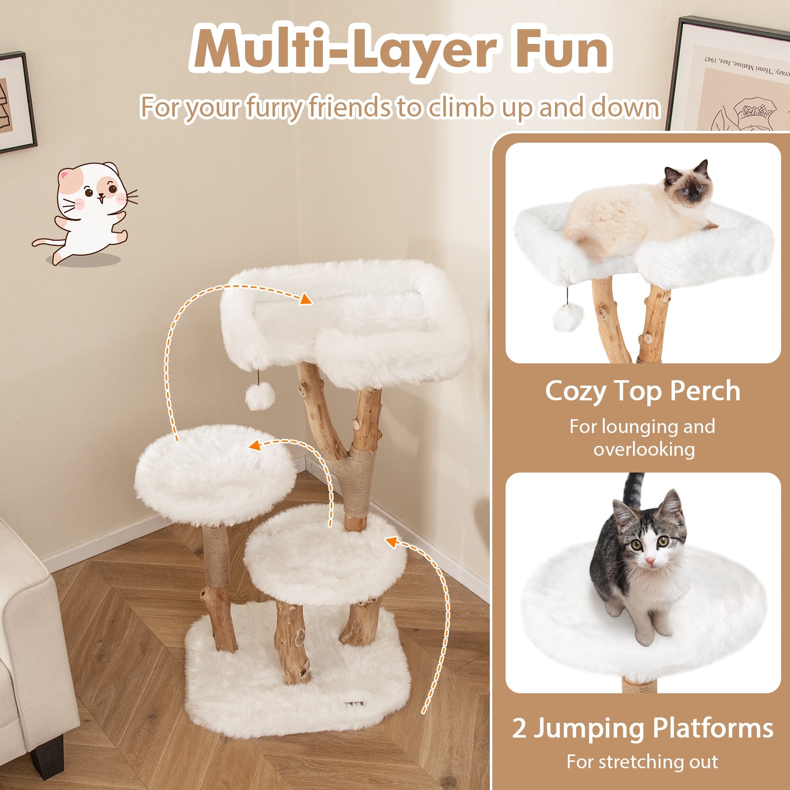 44 Inch Solid Wood Cat Tree with Perch and Natural Jute Scratching Posts - view 8