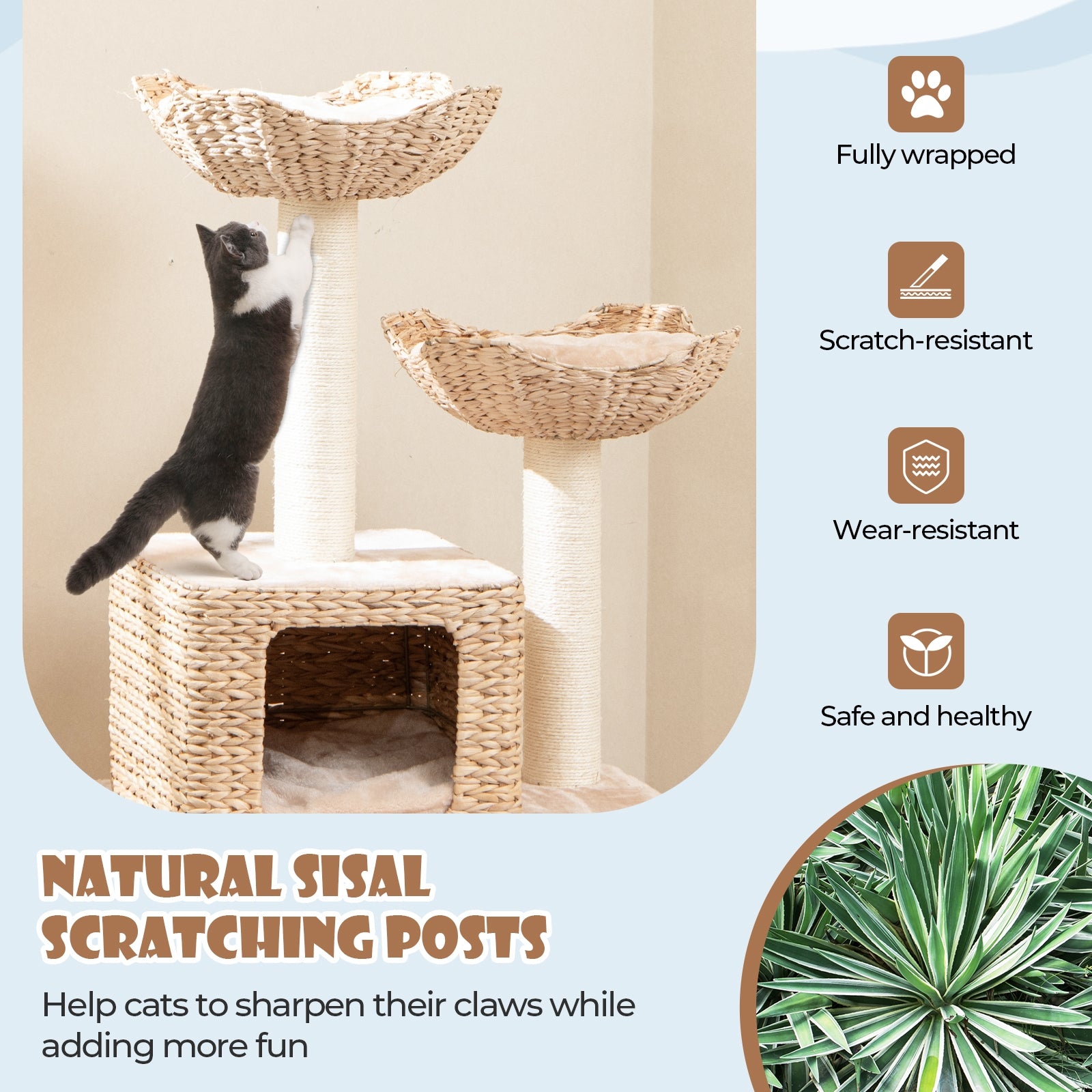 48 Inch Cattail Cat Tower with Sisal Scratching Posts Perch and Condo Cat Tree - view 7