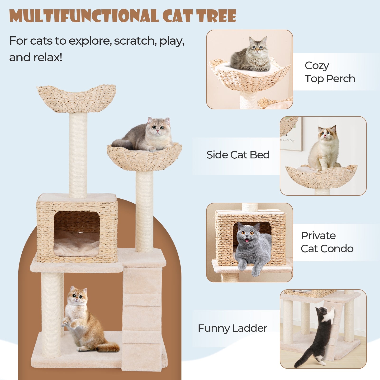 48 Inch Cattail Cat Tower with Sisal Scratching Posts Perch and Condo Cat Tree - view 8
