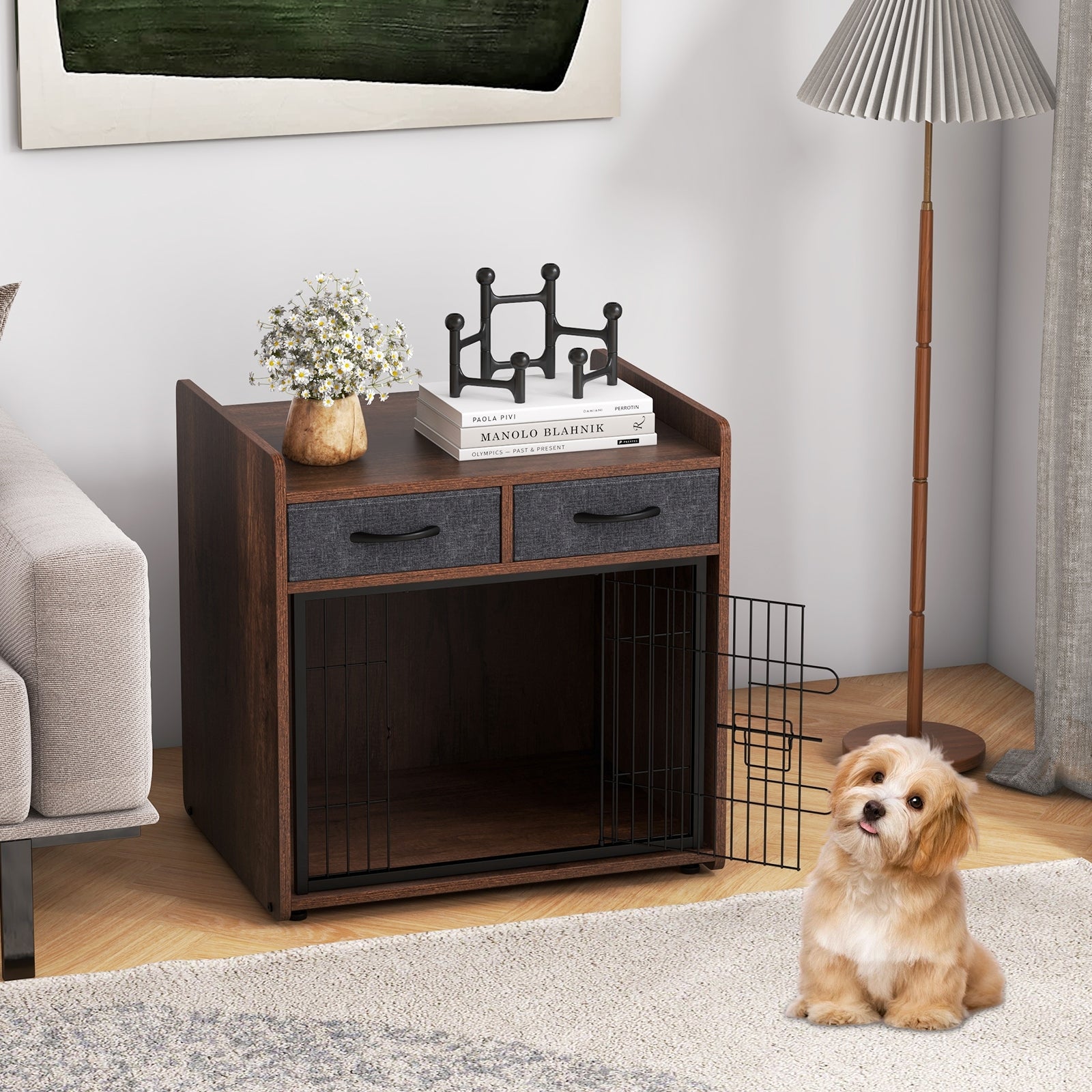 Dog Crate Furniture Indoor Dog Cage with 2 Fabric Drawers End Table Dog Kennel - view 2