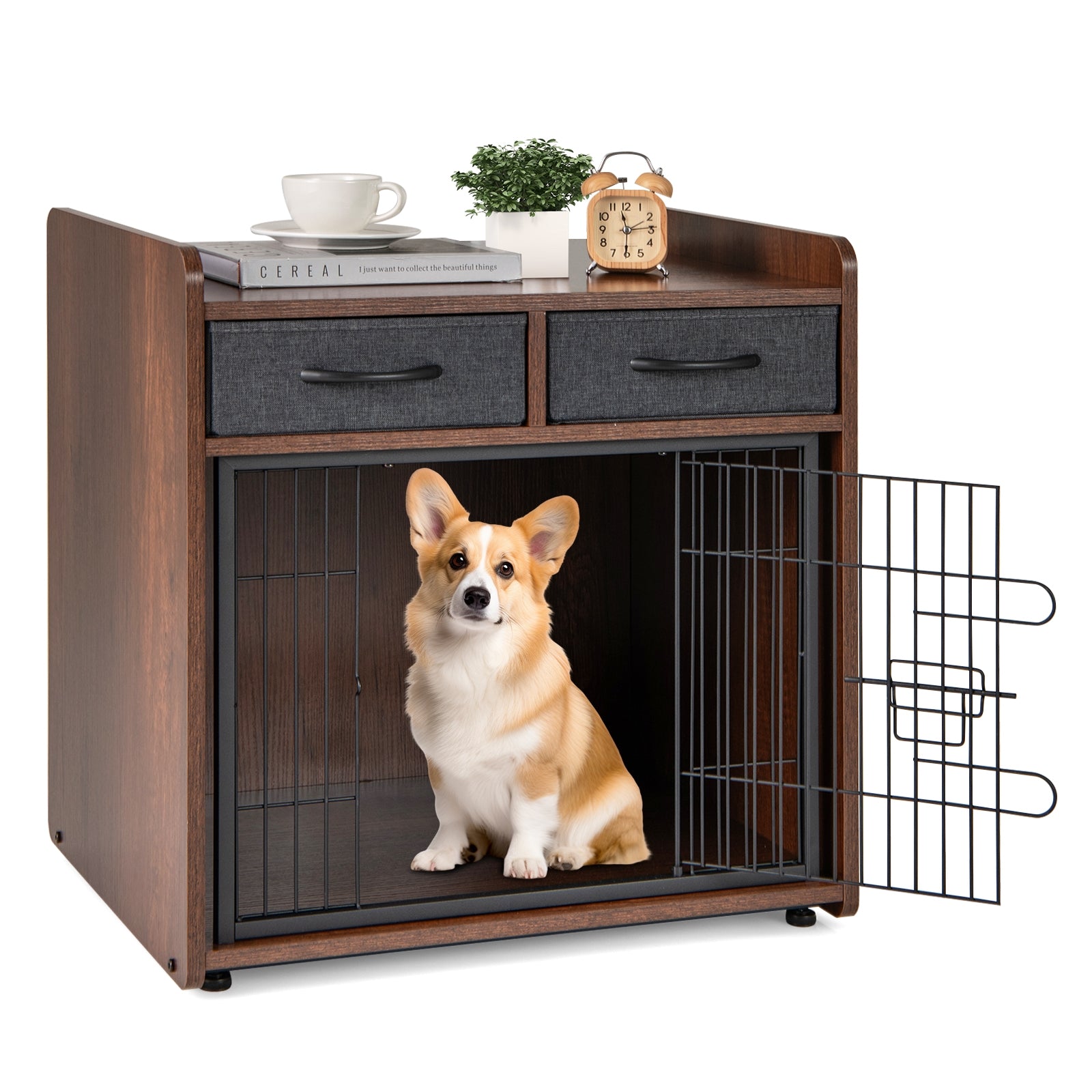 Dog Crate Furniture Indoor Dog Cage with 2 Fabric Drawers End Table Dog Kennel