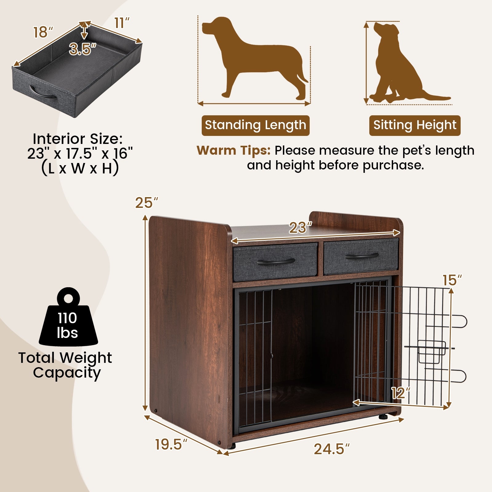 Dog Crate Furniture Indoor Dog Cage with 2 Fabric Drawers End Table Dog Kennel - view 5